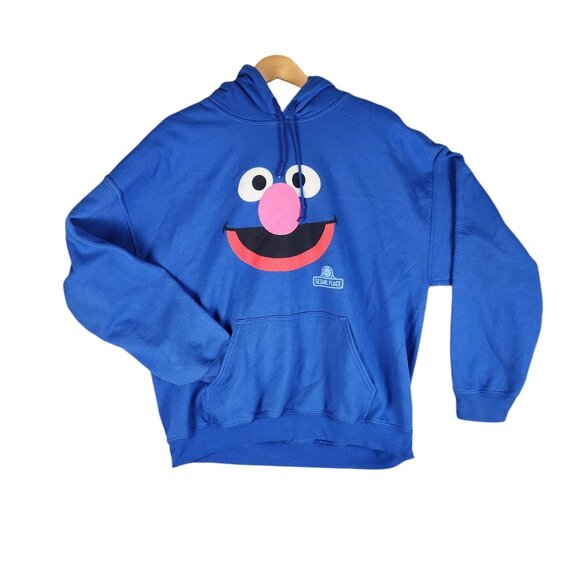 Sesame Street Tops - Sesame Street XL Hoodie Featuring Grover Face - 50% Cotton / 50% Polyester - Blu